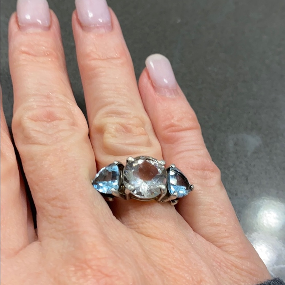 Blue topaz and clear quartz ring